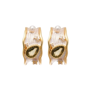 Golden C-shaped earrings with green pear gemstone and pearls in a vintage style