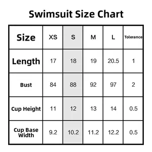 Size chart for sexy bikini top with length bust cup height and width measurements