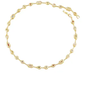 Vintage brass necklace with colorful gemstones and unique geometric linked chain