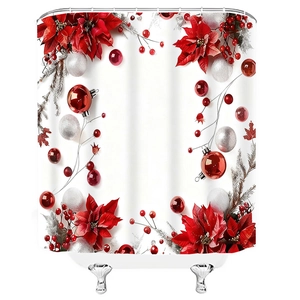 Detail of Christmas shower curtain with red poinsettia and silver ornaments on white fabric