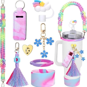 Rainbow woven handle strap and matching accessories set for insulated tumblers