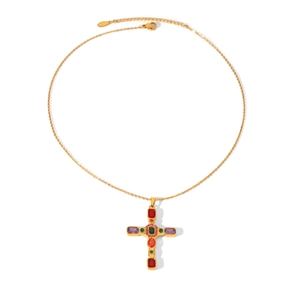 Minimalist stainless steel necklace with a gold cross pendant featuring colorful gemstones