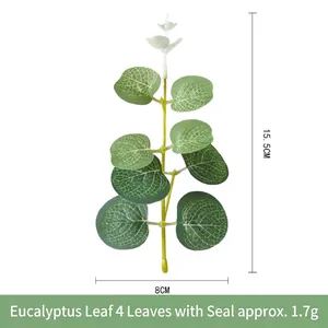 Detailed size chart of artificial eucalyptus leaf with 15.5cm height and green foliage