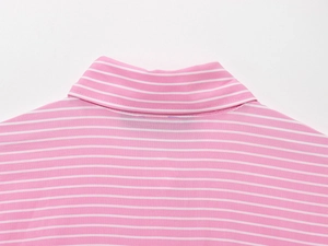 Close-up of the collar and fine stitching on the pink and white striped shirt