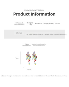 Detailed size chart for long colorful tassel earrings with cubic zirconia and glass beads