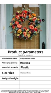 Detail of 45cm autumn wreath with pumpkins and orange roses for Thanksgiving door decor