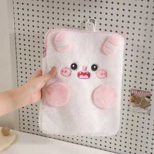 Cute white plush cartoon iPad sleeve with pink ears and embroidered face for 11 inch tablet
