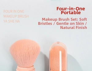 Detailed close-up of 4-in-1 portable makeup brush set with dust cover in orange pink