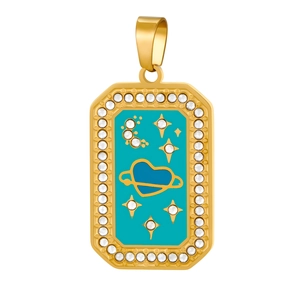 Detail of 18K gold rectangular pendant with moon, stars, and green enamel heart
