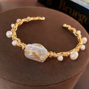 Artificial Baroque Pearl Handcrafted Gold Wrapped Open Bangle Bracelet French Vintage Elegant Jewelry For Women