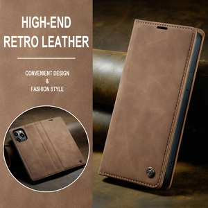 Retro brown leather flip wallet case for iPhone 16 with card slots and metal logo