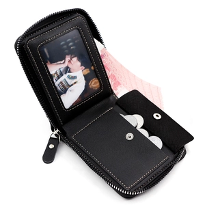 Black litchi grain leather men's tri-fold zipper wallet with coin pocket and multi-slots