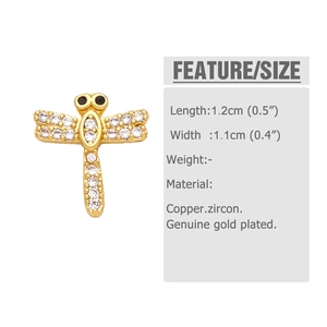 Detailed size view of golden dragonfly stud earrings with sparkling zircon inlay