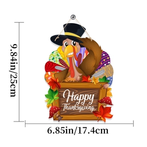 Detail showing Happy Thanksgiving wooden door sign with turkey and maple leaf measurements