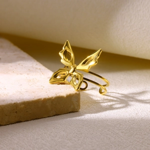 Adjustable golden stainless steel open ring with a 3D hollow butterfly and leaf design