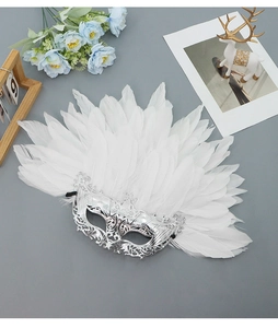 Detailed shot of silver Venetian lace mask with elegant white feathers for masquerade party