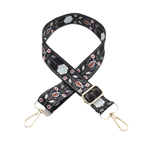 Adjustable crossbody bag strap with floral embroidery and golden metal swivel hooks