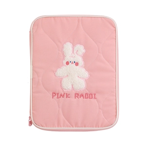 Pink quilted laptop sleeve with cute white plush bunny embroidery and zip closure