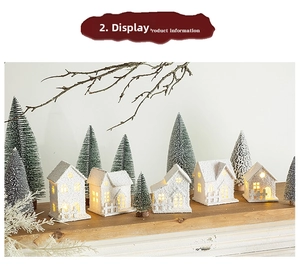 Set of 5 lighted Christmas cabins with snow texture on wooden shelf for decor