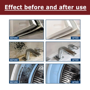 Before and after comparison of mold remover on washing machine and bathroom surfaces
