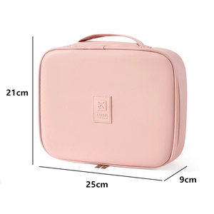 Pink PU leather travel cosmetic bag with handle and size dimensions 25x21x9cm
