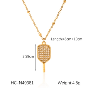 Detail view of 18K gold plated stainless steel necklace with racket pendant and dimensions