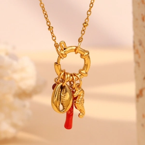 Ocean Theme Stainless Steel Necklace 18K Gold Plated Shell Seahorse Red Coral Pendants Beach Style Fashion Jewelry For Women