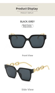 Detail of oversized black square sunglasses with gold metal chain temple design