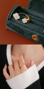 Macro detail of vintage zircon flower open ring and model wearing gold floral jewelry