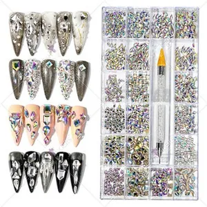 Nail art crystal set with 21-grid storage case and dual-ended wax dotting pen tool