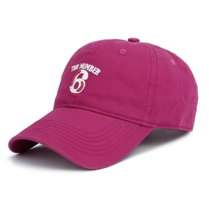 Rose red cotton baseball cap featuring white The Number 6 embroidery and adjustable back