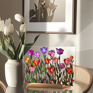 Detail of artistic floral acrylic plaque with colorful tulips and solid wooden base stand
