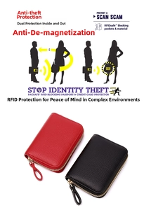 Macro detail of red and black leather RFID blocking credit card holder with zipper