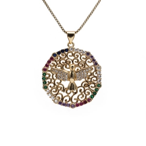 Collier doré avec pendentif colombe de la paix et zircons colorés sur chaîne box