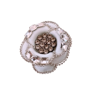 French court style white fabric camellia brooch with rhinestone petals and crystal center
