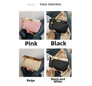 Quilted crossbody bag color options including pink, black, beige and bicolor styles