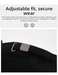 Detail of adjustable metal buckle and thick knitted fabric on black winter cap