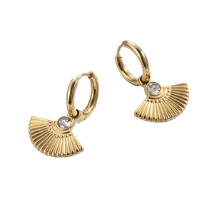 Luxurious fan shaped gold earrings with zircon inlay for women in stainless steel