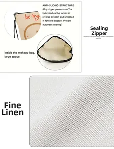 Detail view of linen cat makeup bag with durable alloy zipper and spacious interior