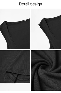 Detail view of square neck, ribbed fabric texture and stitching of the black crop top