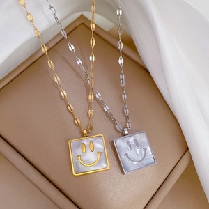 Titanium steel necklaces with square shell pendants featuring smile icons in gold and silver