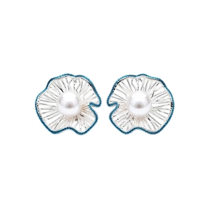 Silver needle flower earrings with pearls and royal blue accents on white background