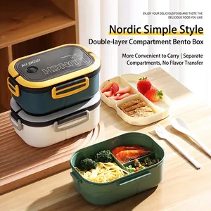 Double Layer Divided Bento Box Microwave Safe Portable 1200ml PP Plastic Lunch Box With Utensils For Office School