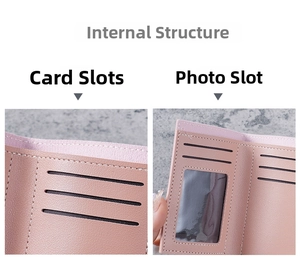Detail view of pink PU leather wallet interior featuring multiple card slots and a photo ID window