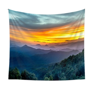 Bohemian landscape wall tapestry with golden sunset over purple mountains and green forest