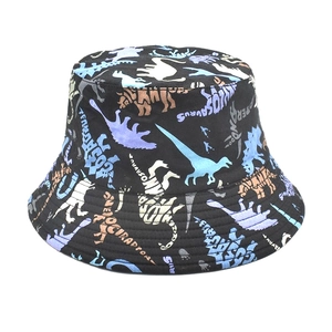 Close-up of black bucket hat with colorful dinosaur silhouette prints and cotton texture