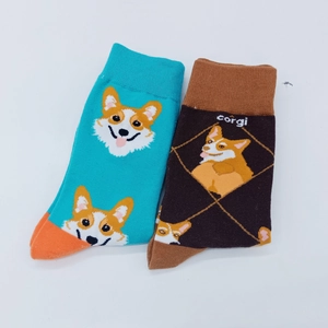 Detail of Corgi patterned knit cotton socks in blue-orange and brown-coffee color combinations
