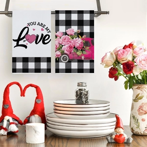 Kitchen towel set with Valentine's rose truck and You Are My Love heart design on a rack
