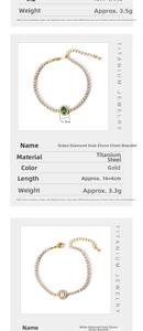 Detail view of titanium steel gold bracelets with green and white oval zircons