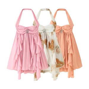 Halter neck backless chiffon mini dresses with ruffles and star rhinestone accents